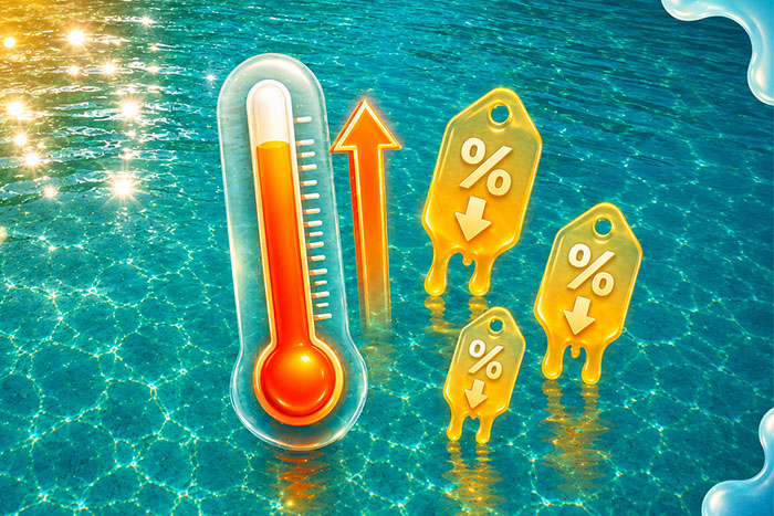 Thermometer und Rabattprozente mit Wasser im Hintergrund Thermometer und Rabattprozente mit Wasser im Hintergrund